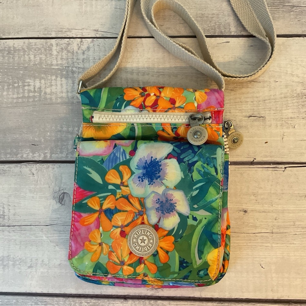 Kipling Crossbody Bag Purse Floral Orange Green Pockets Nylon Adjustable Strap